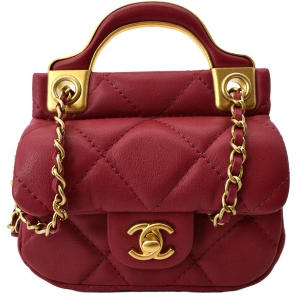 CHANEL  Top Handle Flap Card Holder Quilted Leather Chain Shoulder Bag Red - Picture 1 of 14